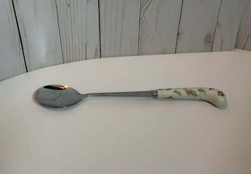 Vintage Sheffield England Serving Spoon, Porcelain Floral Handle